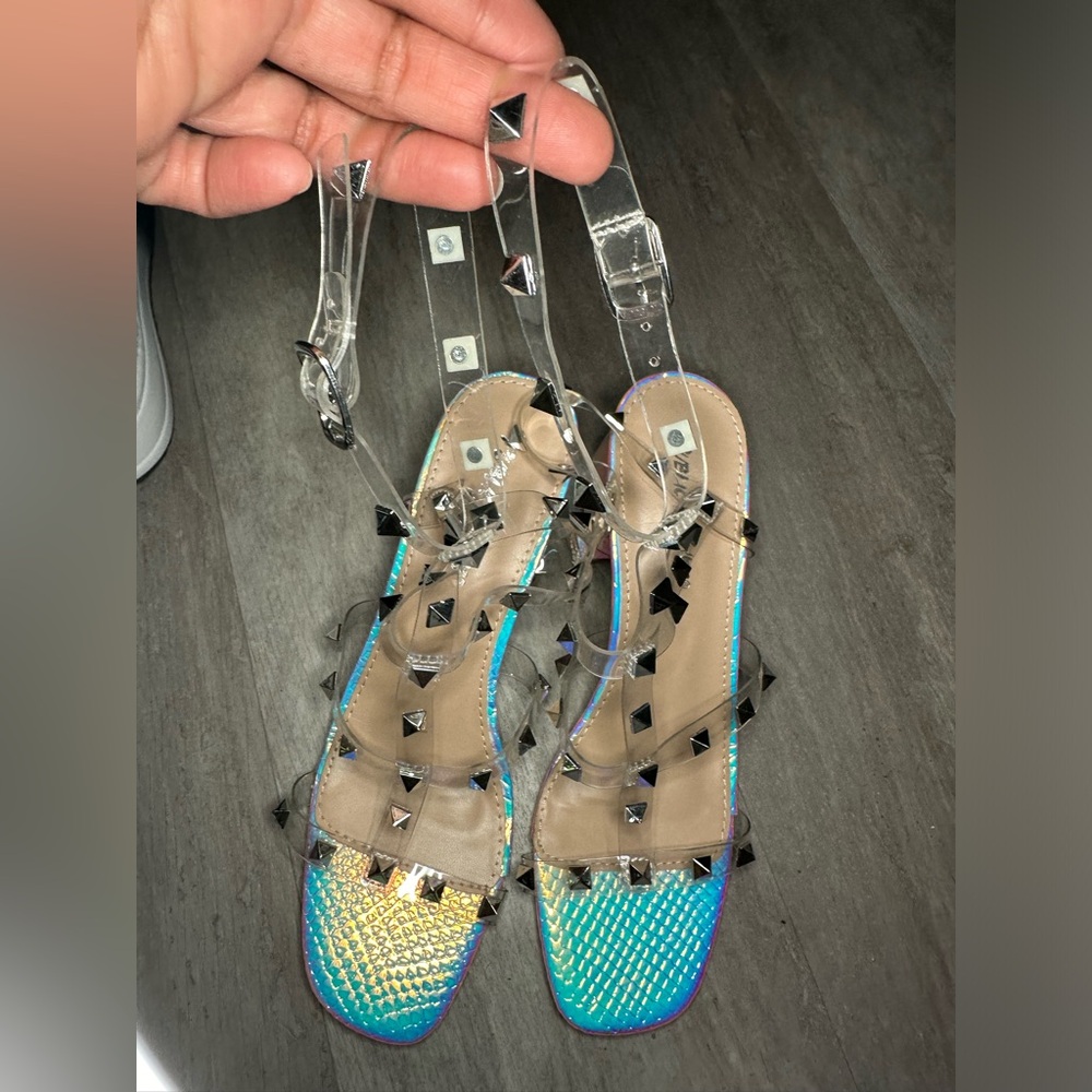 Public Desire sandals. 3 inch block heel. Spear straps with metal studs. Size 7. - Picture 2 of 5